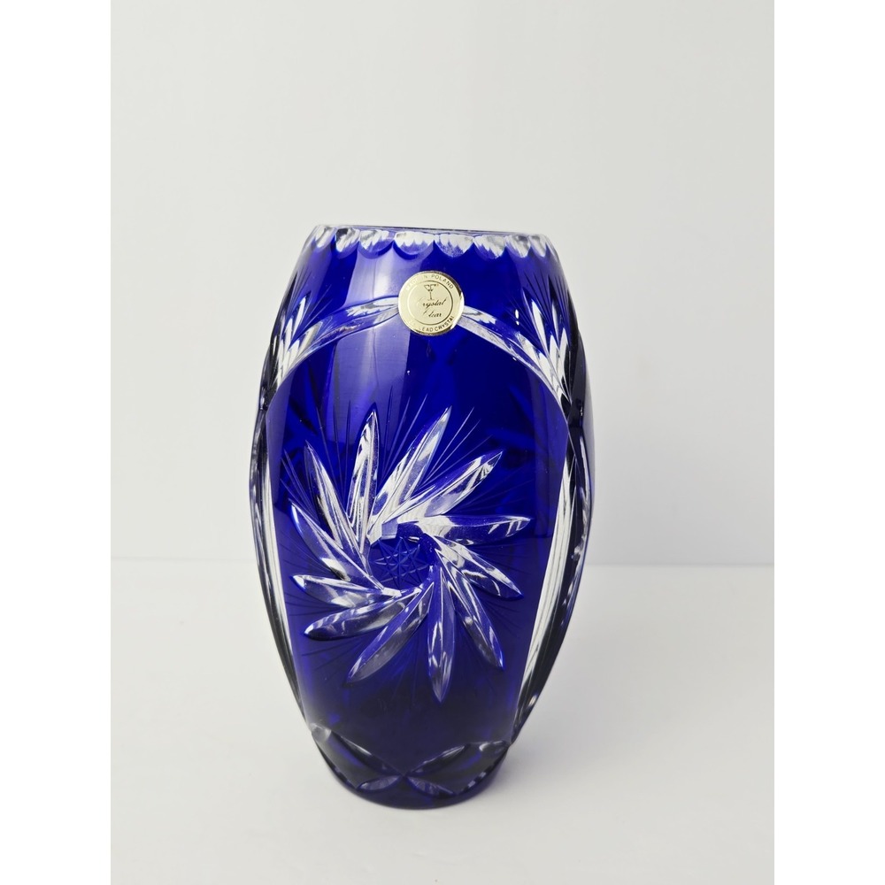 Vintage lead Crystal Glass vase heavy Poland w/ sticker‎ cobalt
